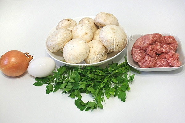 Bahan-bahan untuk penyediaan champignons boneka dengan daging cincang