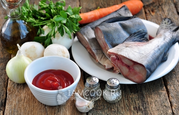 Ingredientes para o salmão estufado com legumes (com cenouras e cebolas)