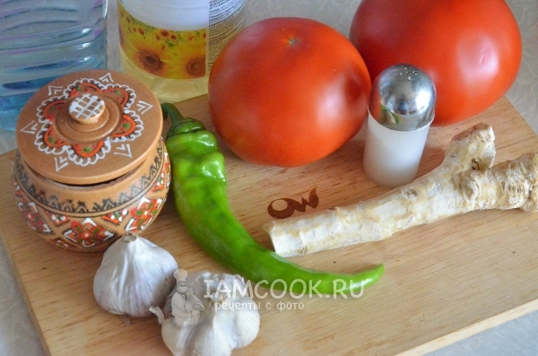 Ramuan untuk makanan ringan dari tomato dengan lobak dan bawang putih