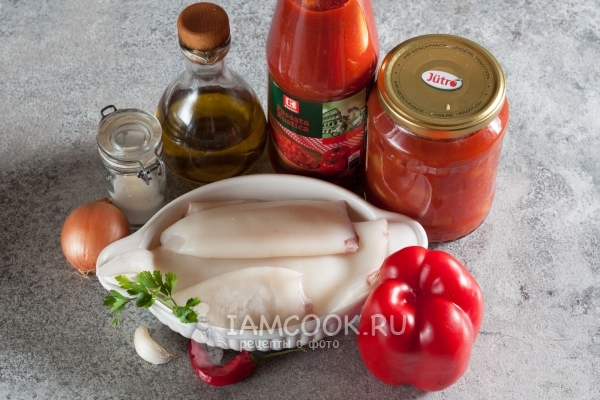 Ingredientai kalmarams pomidorų padaže