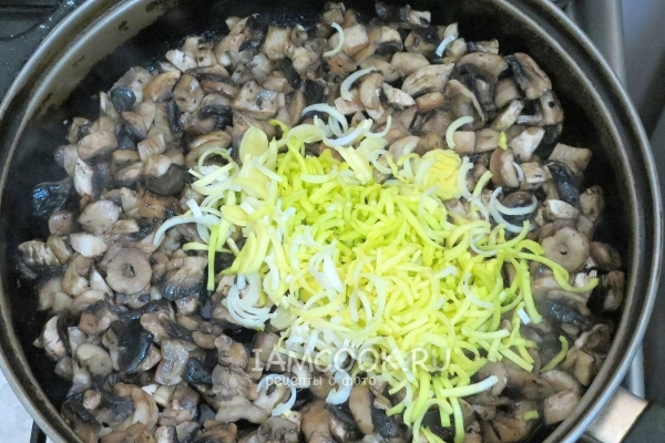 Coloque cebolas e cogumelos