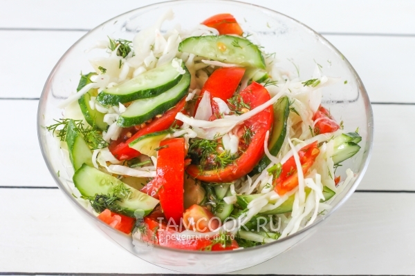 Salada pronta de repolho, pepino e tomate