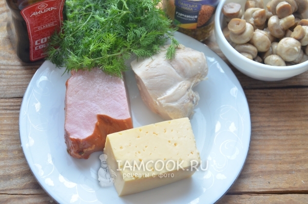 Ingrediente pentru salata Ludmila cu sunca si ciuperci