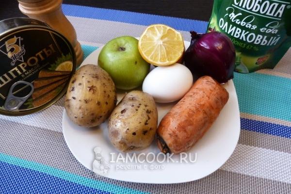 Mimosa salotų ingredientai su šprotų