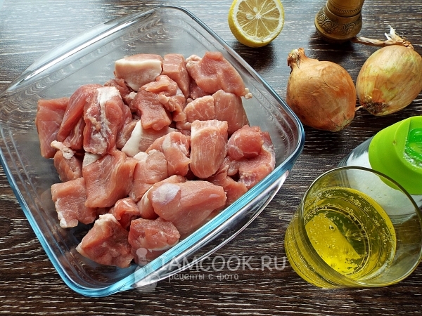 Domuz eti, limon ve soğan ile şiş kebap için malzemeler