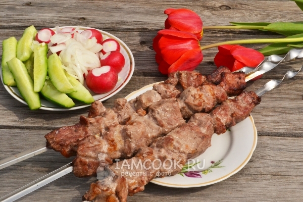 Gambar kebab shish Soviet dengan cuka dan bawang