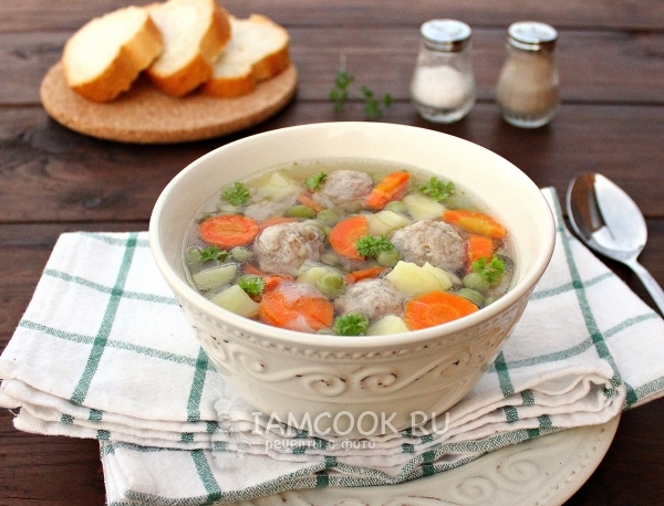 Resipi sup dengan bebola daging dan kacang hijau