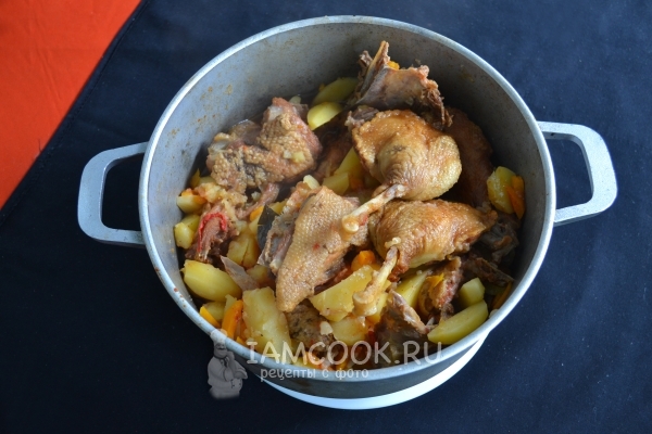 Pato estufado pronto com batatas em kazan