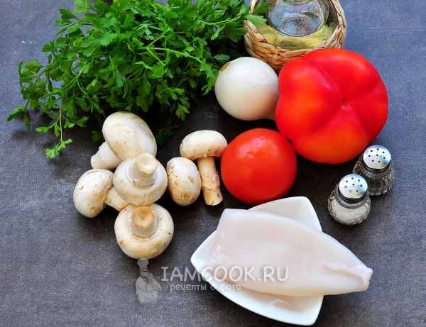 Ingrediënten voor gestoofde inktvis met groenten