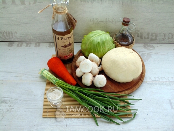 Ingredienser til vegetarisk paozi paier med kål og sopp