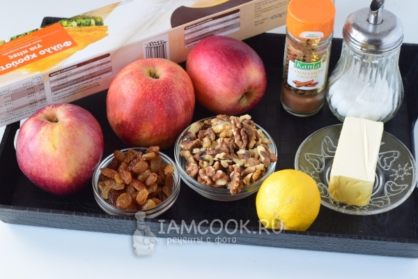 Filo testo obuolių strudelo ingredientai