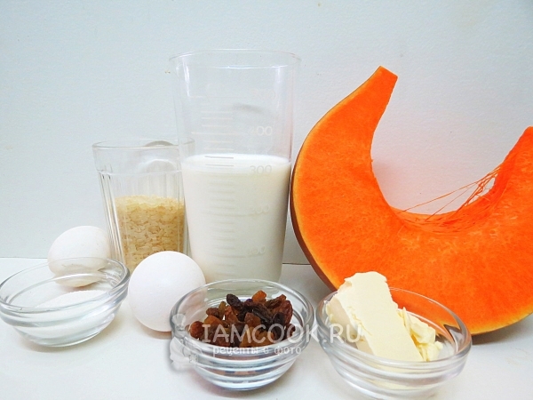 Ingrediente pentru budinca de dovleac cu orez în cuptor
