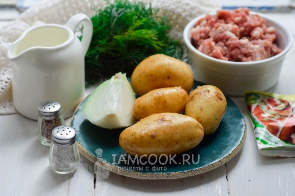 Ingrediente pentru cartofi prăjiți cu carne tocată în tigaie