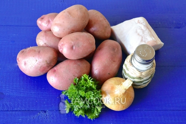 Bulvių su kiauliena ir svogūnai ingredientai